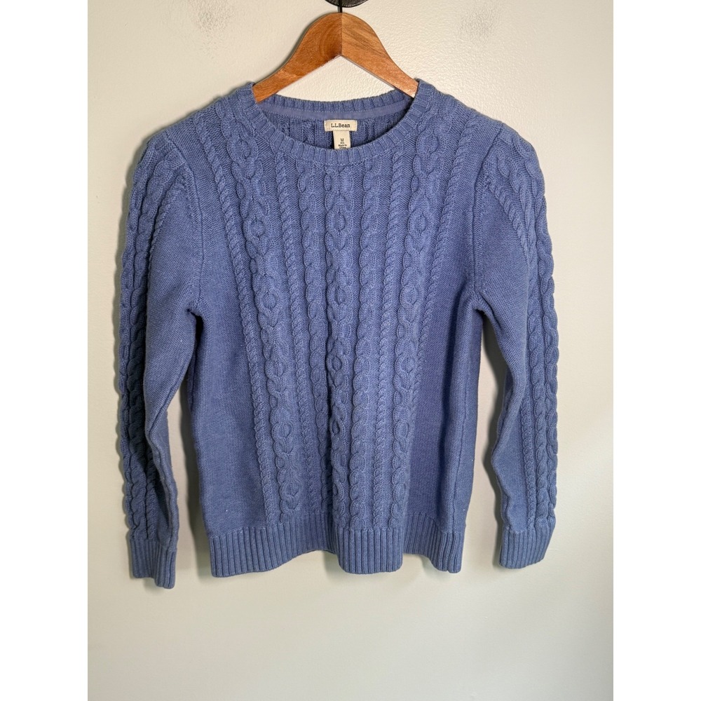 LL Bean Womens M Blue Cable Knit Cotton Crewneck Sweater Periwinkle 298839